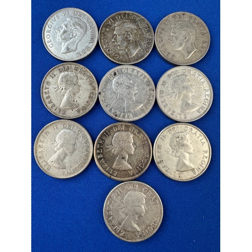 160 - 10 Canadian Silver 50 Cent Coins 116g: 1950 - 1959 inclusive