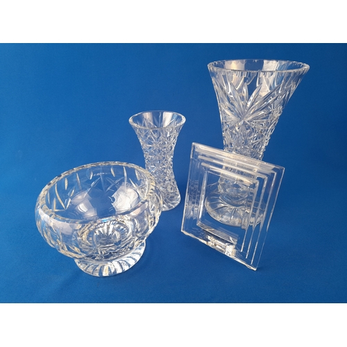 589 - 4 Crystal and Glass Items including Vases, Bowl and Photo Frame