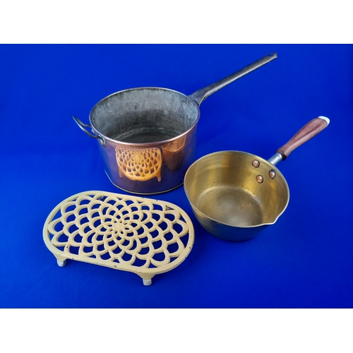 354 - Copper and Brass Saucepans and Cast Iron Trivet