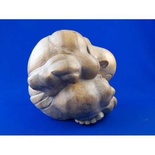 360 - Large Carved Hardwood Weeping Curled Up Buddha - 20cm tall