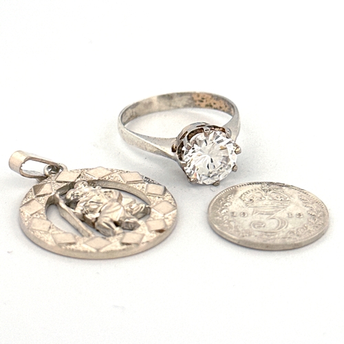 52 - Silver Ring, Sixpence & St Christopher Pendant