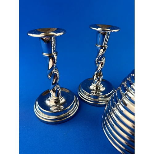 341 - Art Deco Chrome Barley Twist Candlesticks & Beehive Teapot & Sugar Bowl