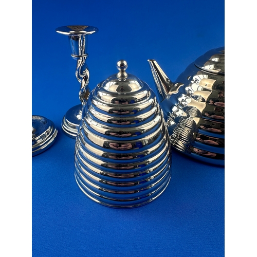 341 - Art Deco Chrome Barley Twist Candlesticks & Beehive Teapot & Sugar Bowl