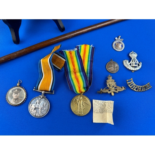 130 - WWI, World War 1 Medals, Badges Swagger Stick etc Belonging to Private J.W. Wood 31085 Durham Light ... 