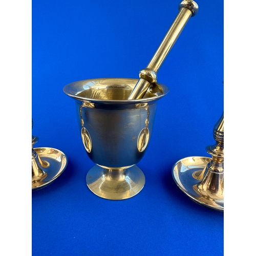 315 - Pair of Brass Candlesticks & Mortar & Pestle