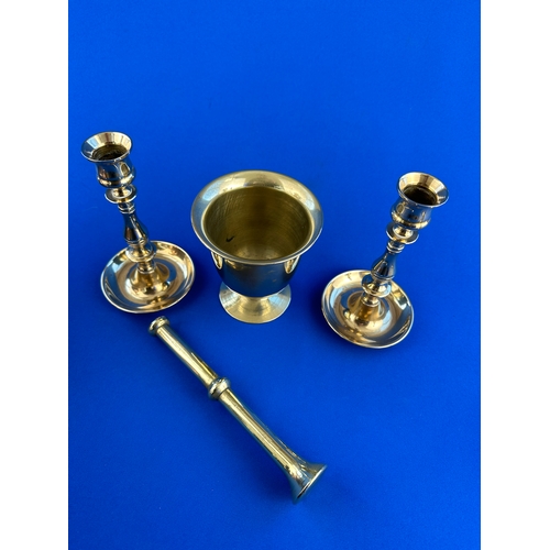 315 - Pair of Brass Candlesticks & Mortar & Pestle