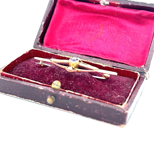 76 - Edwardian Nine Carat Gold,Amethyst & Seed Pearl Bar Brooch. Stamped 9ct. 2g. Boxed