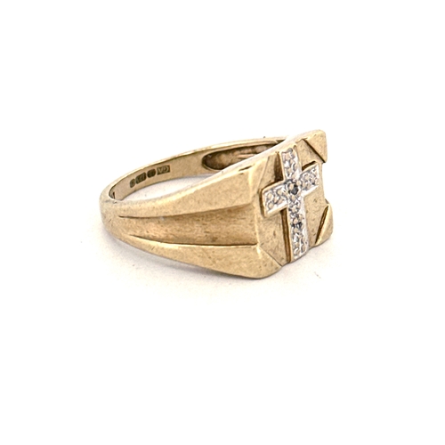 85 - Gents Nine Carat & Diamond Cross Ring. Full Sheffield Hallmarks Maker GA. Also Stamped DIA. Size R. ... 