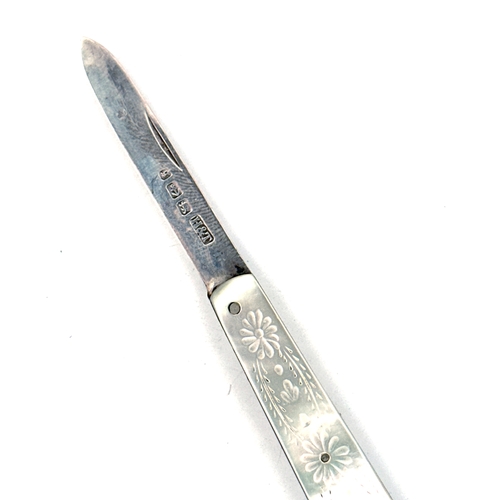 103 - Silver Bladed Fruit Knife with Engraved Mother of Pearl Handle, Birmingham 1906