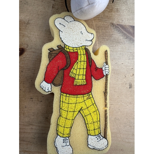 Vintage Rupert Sponge, Rupert 'Goldenbear Toys' & Two Framed Rupert Prints