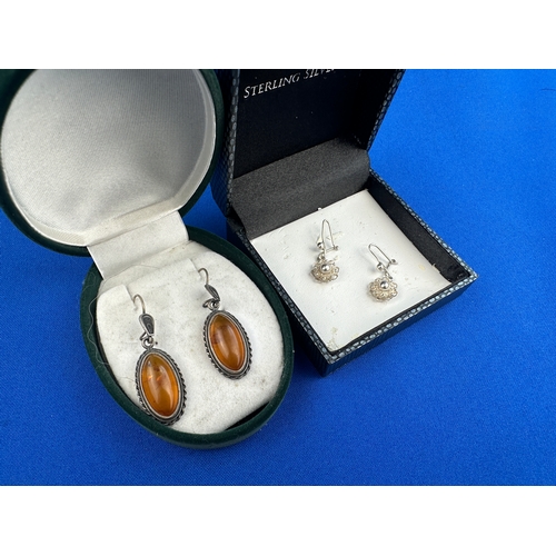 3 - 925 Silver & Amber Earrings & 925 Silver Earrings