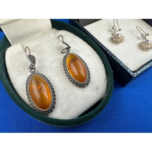 3 - 925 Silver & Amber Earrings & 925 Silver Earrings