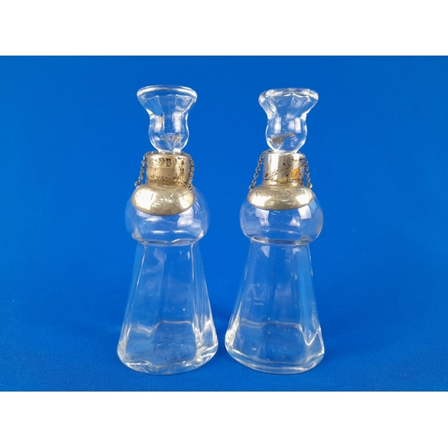 43 - Two Thistle-Shaped Glass Whisky Noggins with Silver Collars and White Metal Whisky Labels - Schindle... 