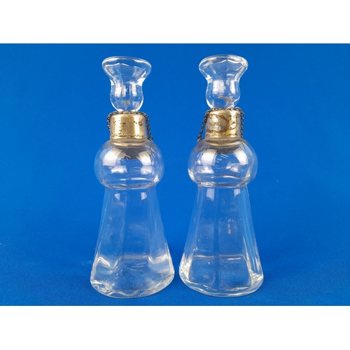 43 - Two Thistle-Shaped Glass Whisky Noggins with Silver Collars and White Metal Whisky Labels - Schindle... 