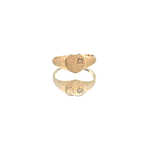 56 - 9 Carat Gold small Heart Signet Ring set with Diamond, size I - 1.1g