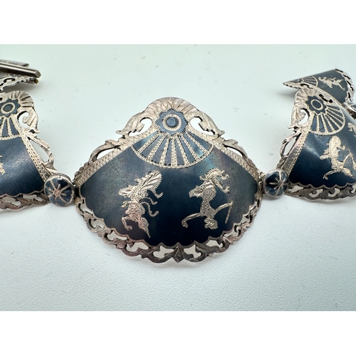 88 - Sterling Silver, Siam Niello Fan Shaped Panel Bracelet