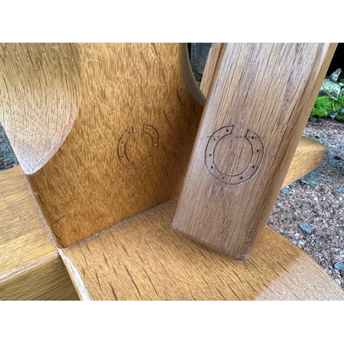 1027 - In the Style of Mouseman - Solid Oak Against Wall Table with Three Stools all with Horseshoe Motif -... 