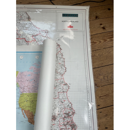 544 - Large Postal Map of Northumbria & Bartholomew World Political Map