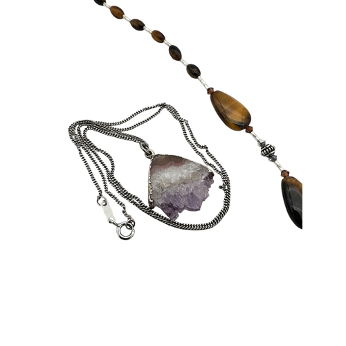 43 - 925 Silver & Quartz Necklace with Tiger's Eye & Silver Necklace...