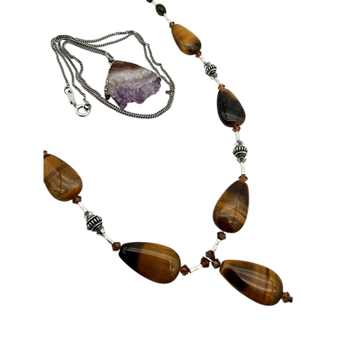 43 - 925 Silver & Quartz Necklace with Tiger's Eye & Silver Necklace...