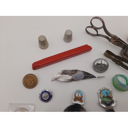 527 - Group of Collectable Items including Badges, Souvenir Spoons and Thimbles