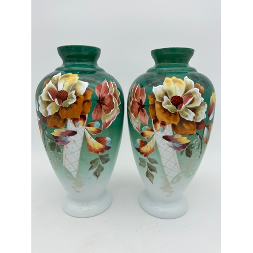 725 - Victorian Hand Painted Milk Glass Vases 30cm Tall