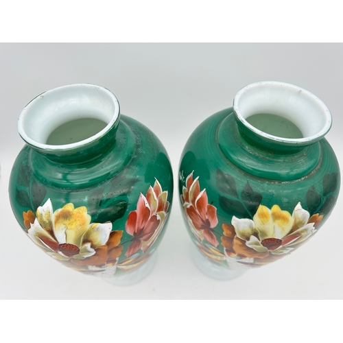 725 - Victorian Hand Painted Milk Glass Vases 30cm Tall