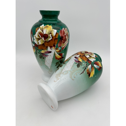 725 - Victorian Hand Painted Milk Glass Vases 30cm Tall