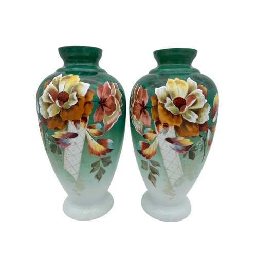 725 - Victorian Hand Painted Milk Glass Vases 30cm Tall