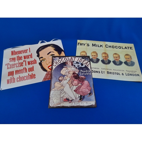 562 - Three Vintage Style Tin Chocolate Advertising Signs - largest 40 x 30cm