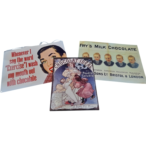 562 - Three Vintage Style Tin Chocolate Advertising Signs - largest 40 x 30cm