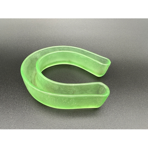 713 - Uranium Glass Horseshoe Dish, 'Made in England, Patent Applied For'