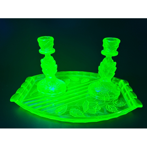 714 - Uranium Glass Dressing Table Tray with Two Matching Candlesticks