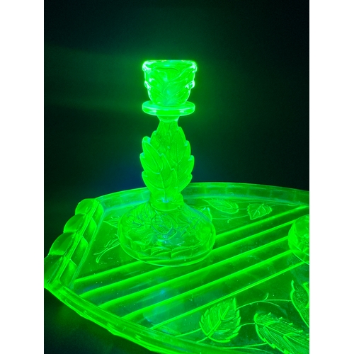 714 - Uranium Glass Dressing Table Tray with Two Matching Candlesticks