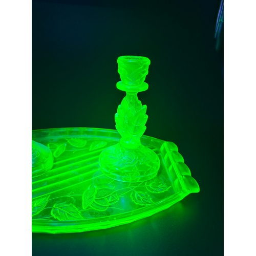 714 - Uranium Glass Dressing Table Tray with Two Matching Candlesticks