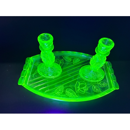 714 - Uranium Glass Dressing Table Tray with Two Matching Candlesticks