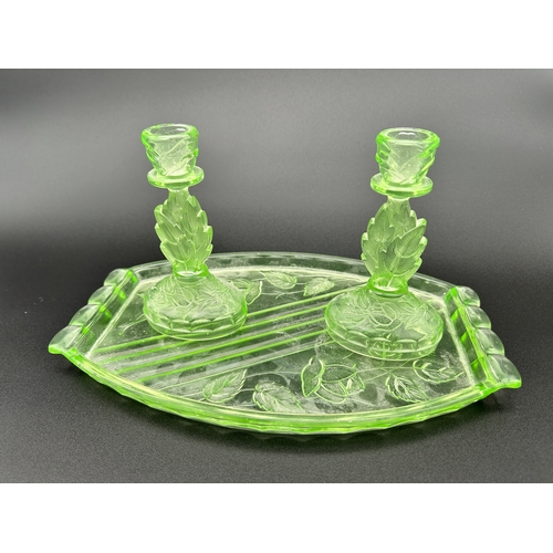 714 - Uranium Glass Dressing Table Tray with Two Matching Candlesticks