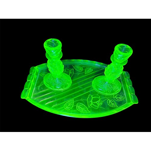 714 - Uranium Glass Dressing Table Tray with Two Matching Candlesticks