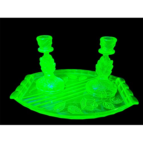 714 - Uranium Glass Dressing Table Tray with Two Matching Candlesticks