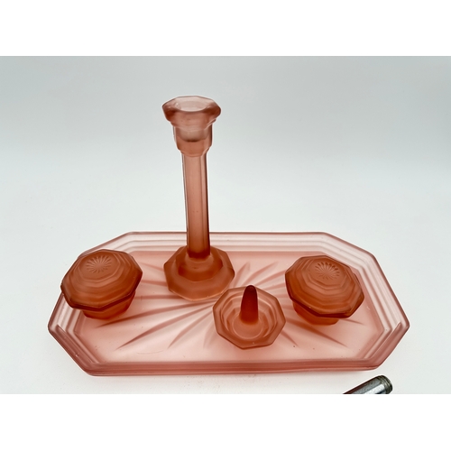 563 - Art Deco Pink Dressing Table Set & Brush