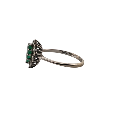 65 - Eighteen Carat White Gold, Diamond & Emerald Ring, Size R, 2.95g