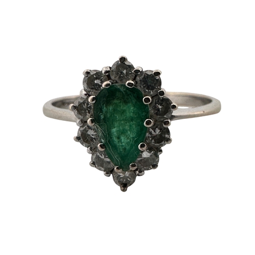 65 - Eighteen Carat White Gold, Diamond & Emerald Ring, Size R, 2.95g