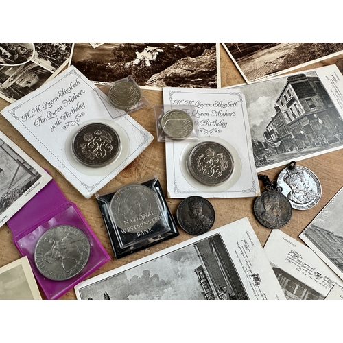 214 - Vintage £5 coins, £2 Coins, Medals & Topographical Postcards including local interest.