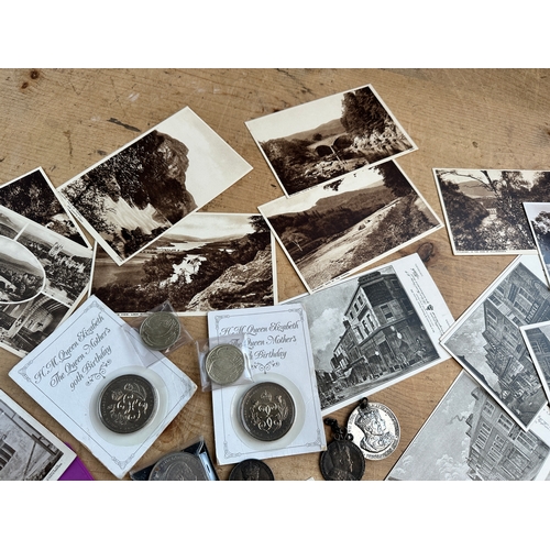 214 - Vintage £5 coins, £2 Coins, Medals & Topographical Postcards including local interest.