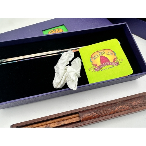 492 - Boxed Silver Plated Chopsticks & Carved Wooden Set