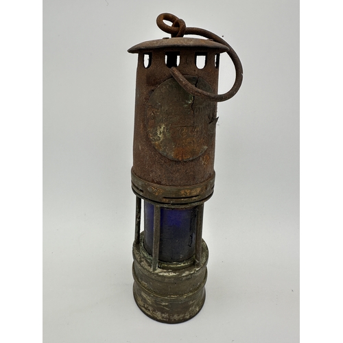 498 - Ackroyd & Best Ltd Miners Lamp with Blue Tinted Glass