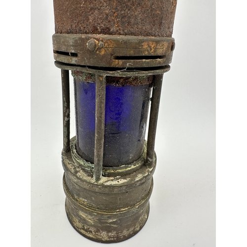 498 - Ackroyd & Best Ltd Miners Lamp with Blue Tinted Glass