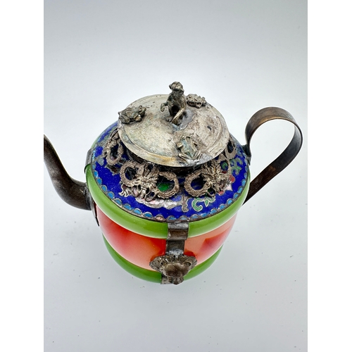 698 - Chinese, Tibetan Precious Stone Teapot with White Metal Detail