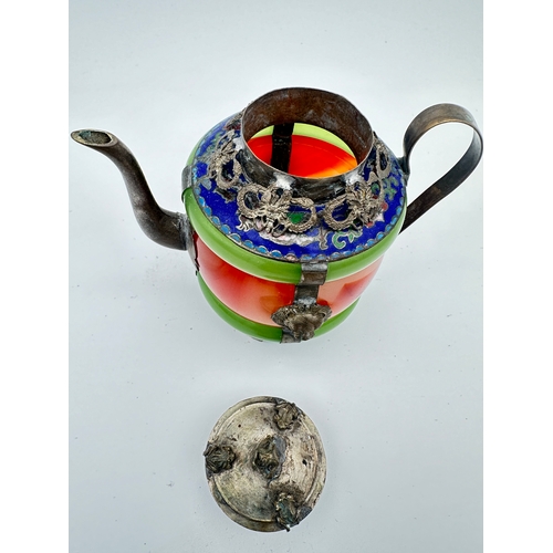 698 - Chinese, Tibetan Precious Stone Teapot with White Metal Detail