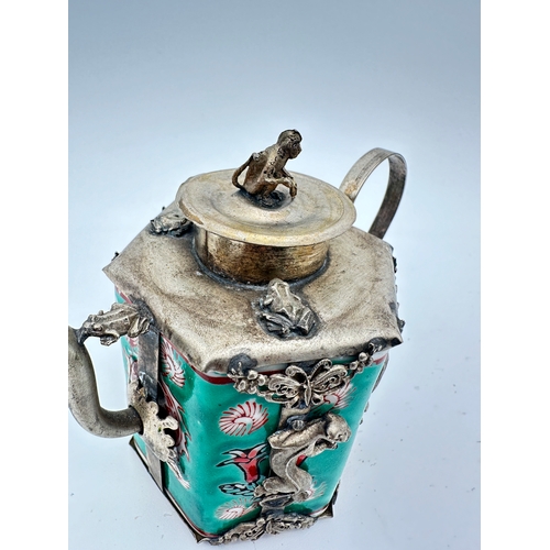 699 - Chinese Ceramic Hot Water Pot with White Metal Detail